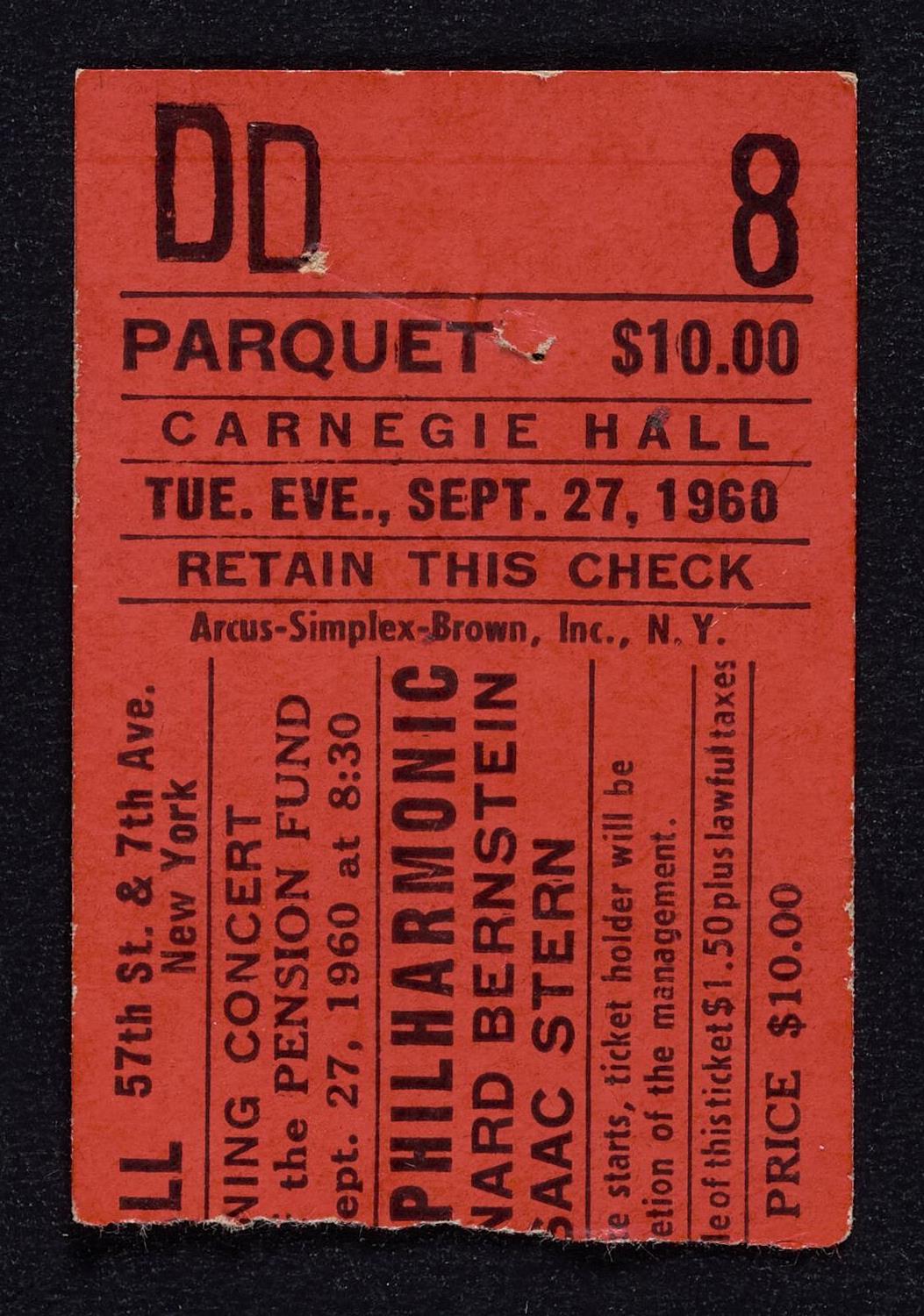 Ticket for New York Philharmonic, September 27, 1960 (front)