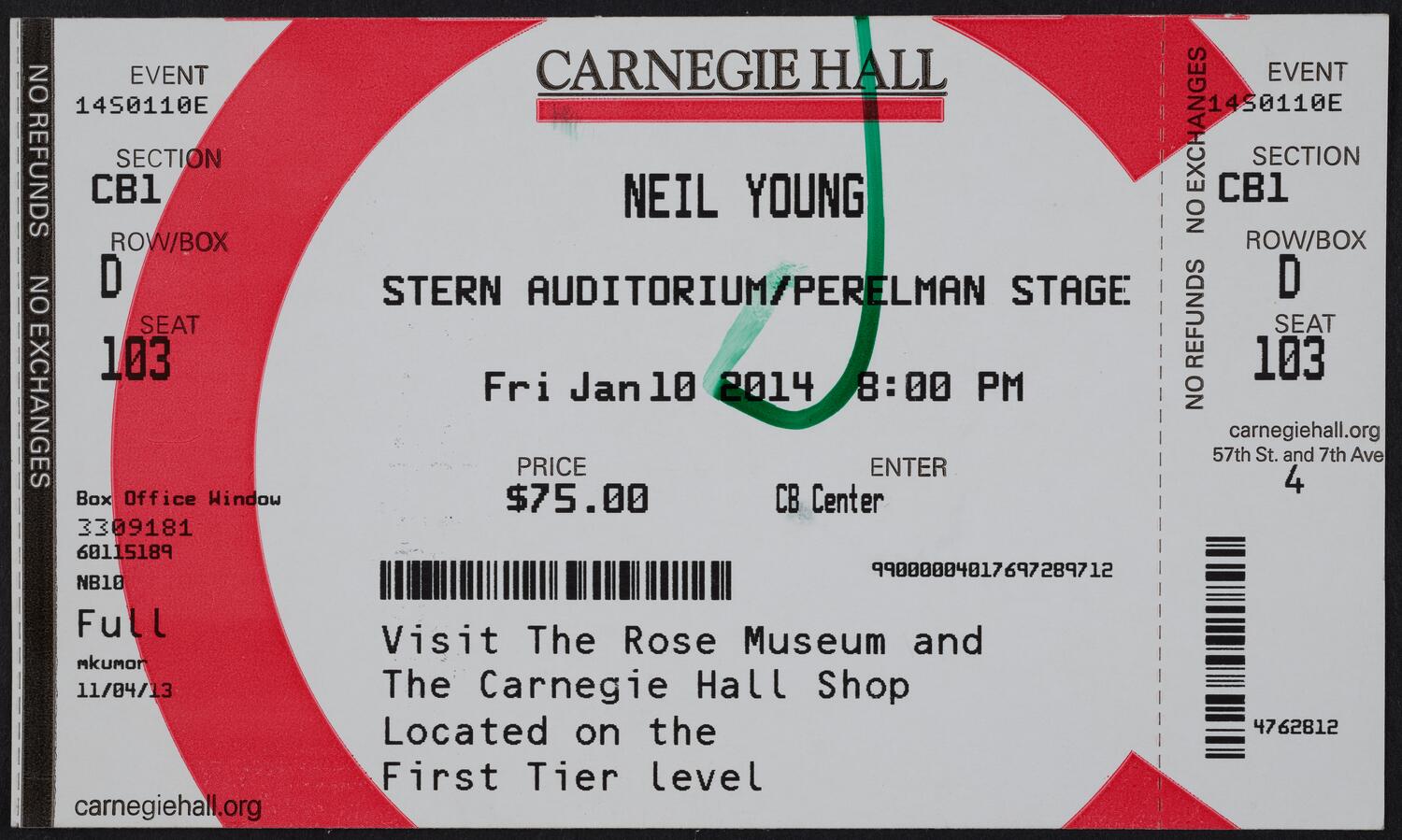 Ticket for Neil Young, January 10, 2014 (front)