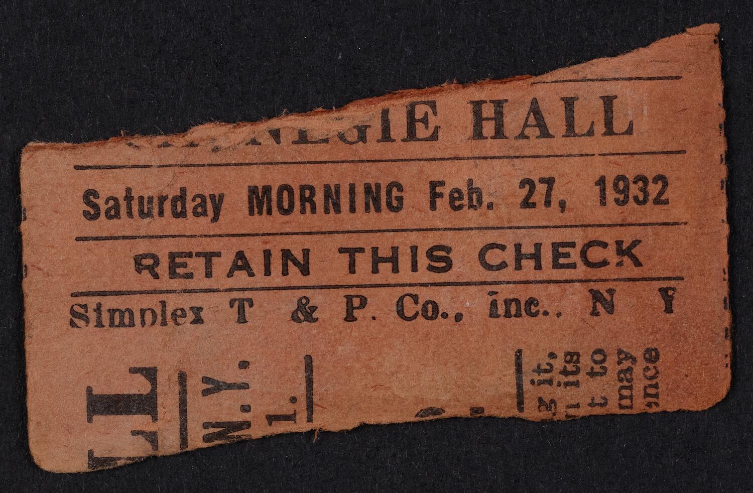 Ticket for Philharmonic-Symphony Society of New York: Young People's Concert, February 27, 1932 (front)
