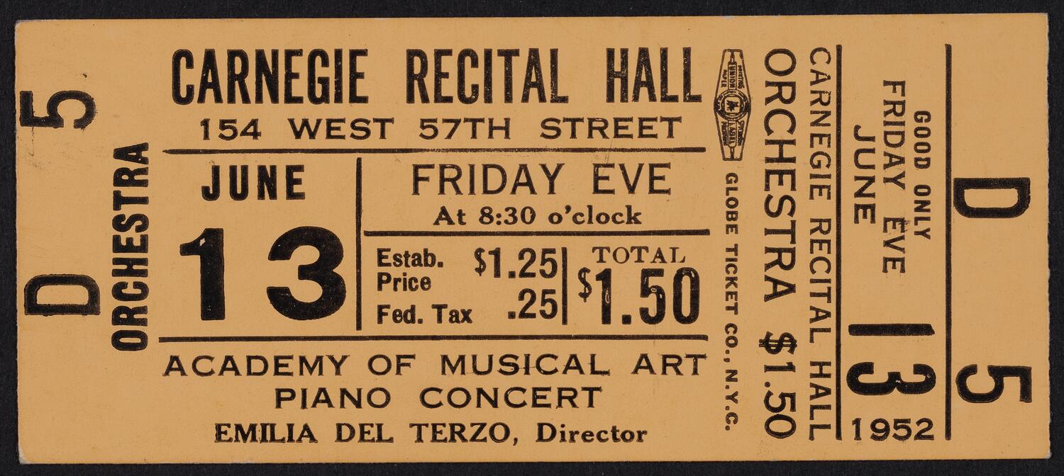 Ticket for Academy of Musical Art Piano Concert, June 13, 1952 (front)