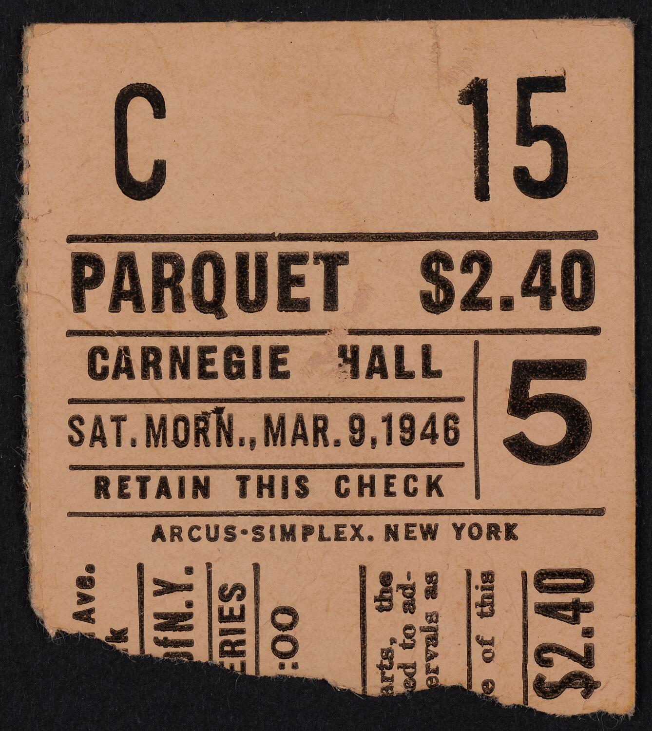 Ticket for Philharmonic-Symphony Society of New York: Young People's Concert, March 9, 1946 (front)