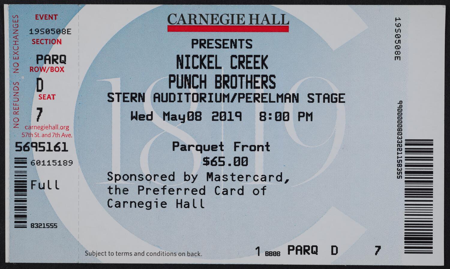 Ticket for Nickel Creek and Punch Brothers, May 8, 2019 (front)