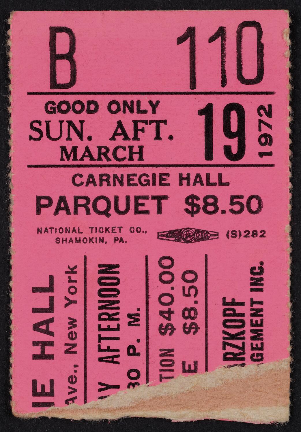 Ticket for Elisabeth Schwarzkopf, March 19, 1972 (front)