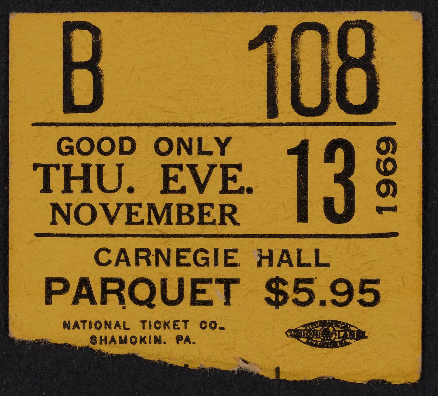 Ticket for Marilyn Horne, November 13, 1969 (front)