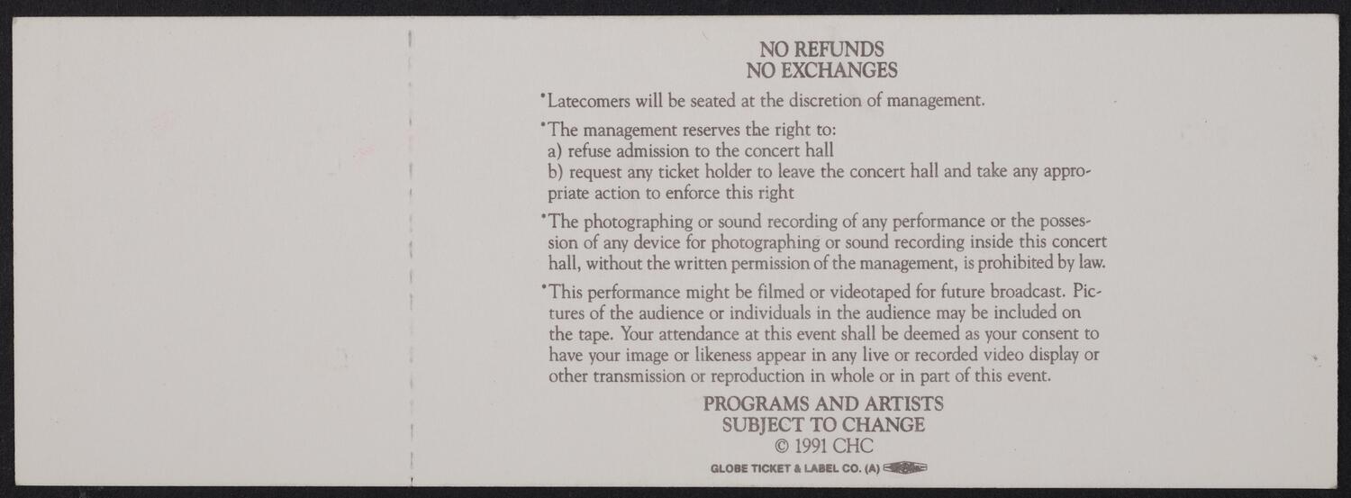 Ticket for the Carnegie Hall Centennial Gala, May 5, 1991 (back)