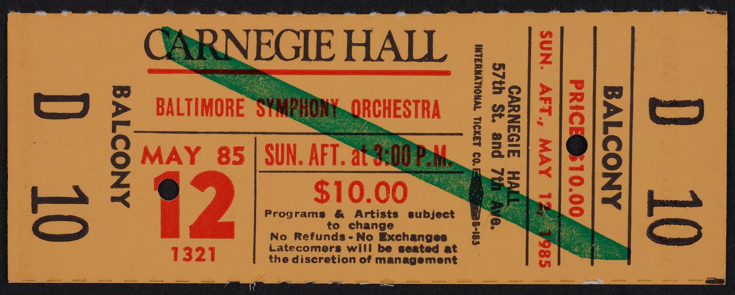 Ticket for Baltimore Symphony Orchestra, May 12, 1985 (front)