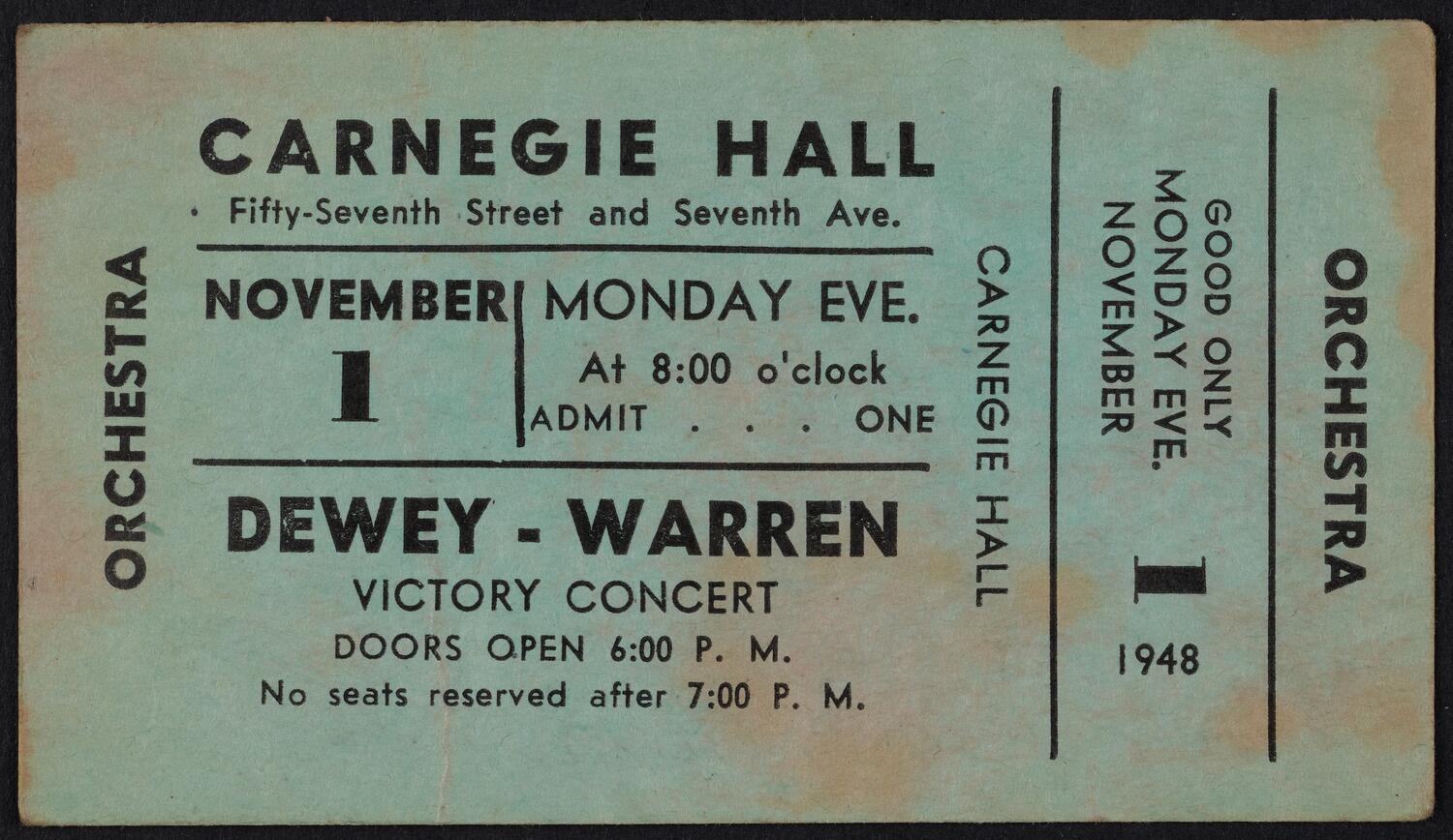 Ticket for Dewey-Warren Victory Concert and Rally, November 1, 1948 (front)