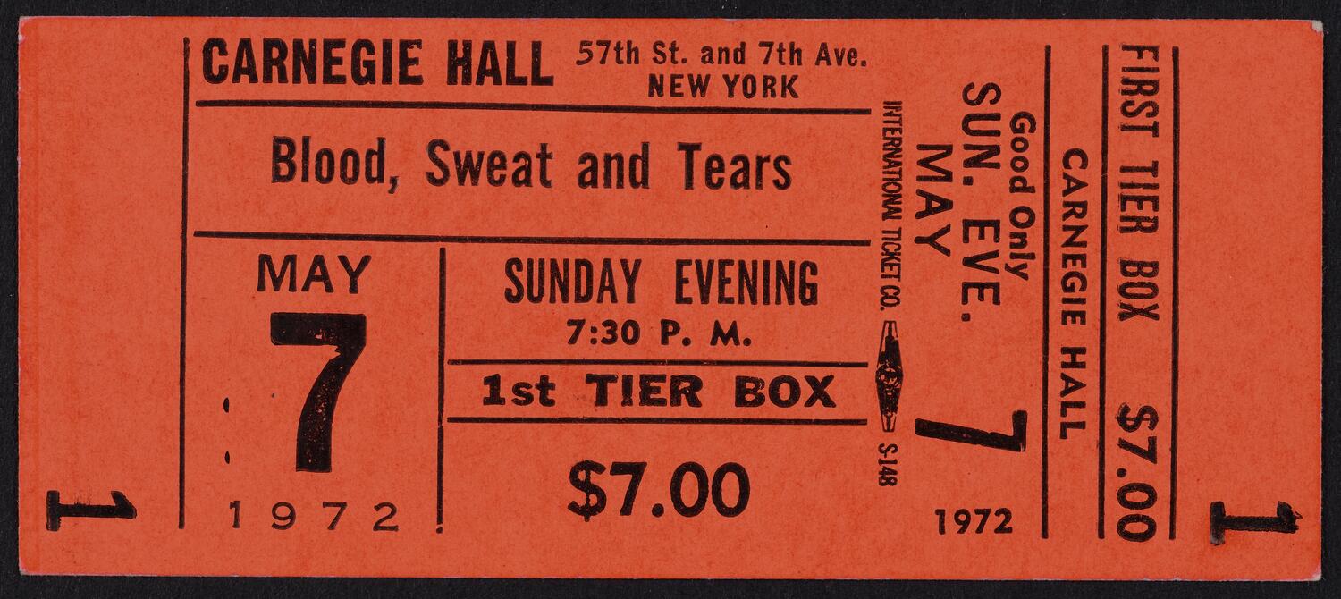 Ticket for Blood, Sweat and Tears, May 7, 1972 (front)