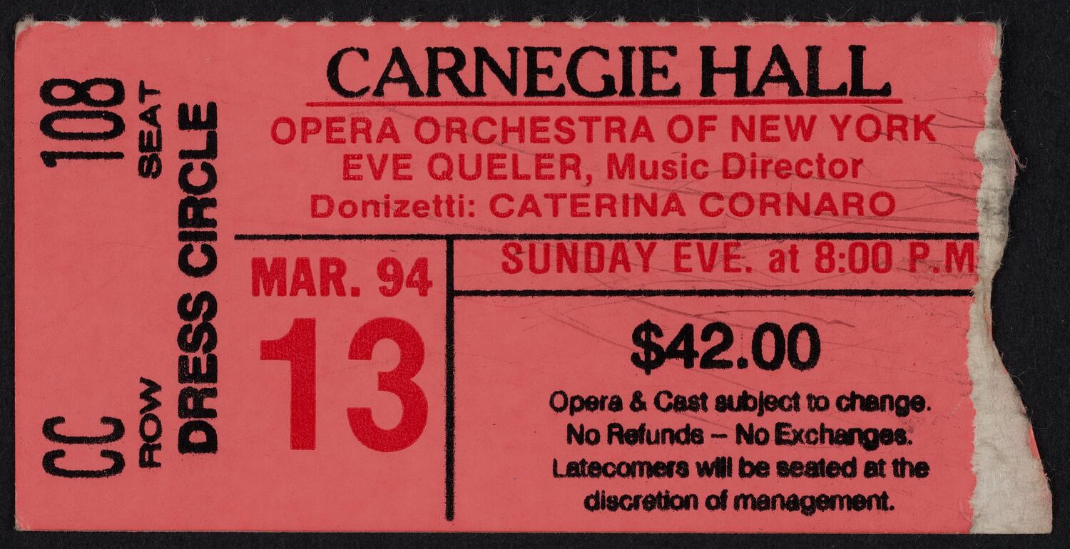 Ticket for Opera Orchestra of New York, March 13, 1994 (front)