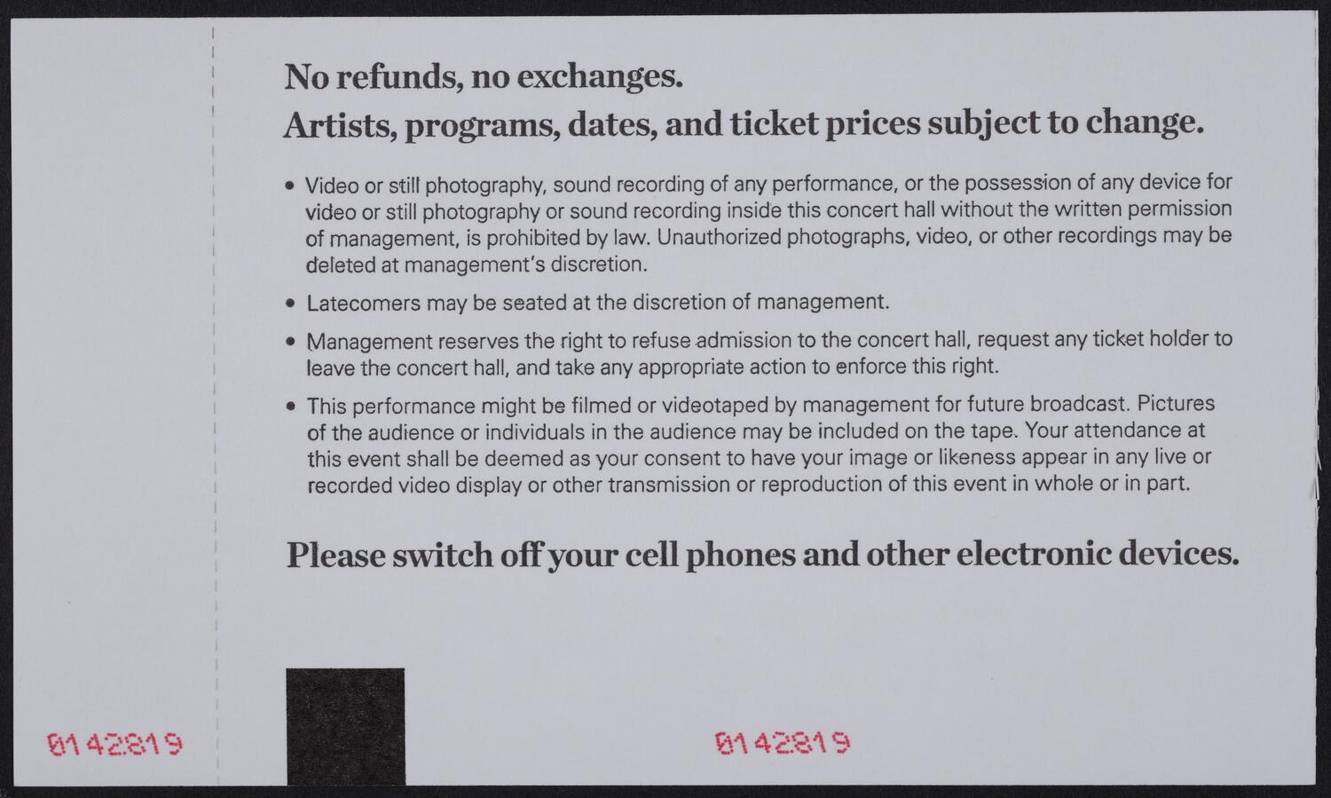 Ticket for Opening Night Gala: New York Philharmonic, October 7, 2015 (back)