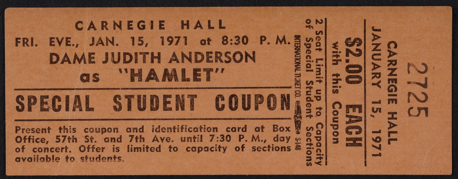 Ticket for Hamlet, January 15, 1971 (front)