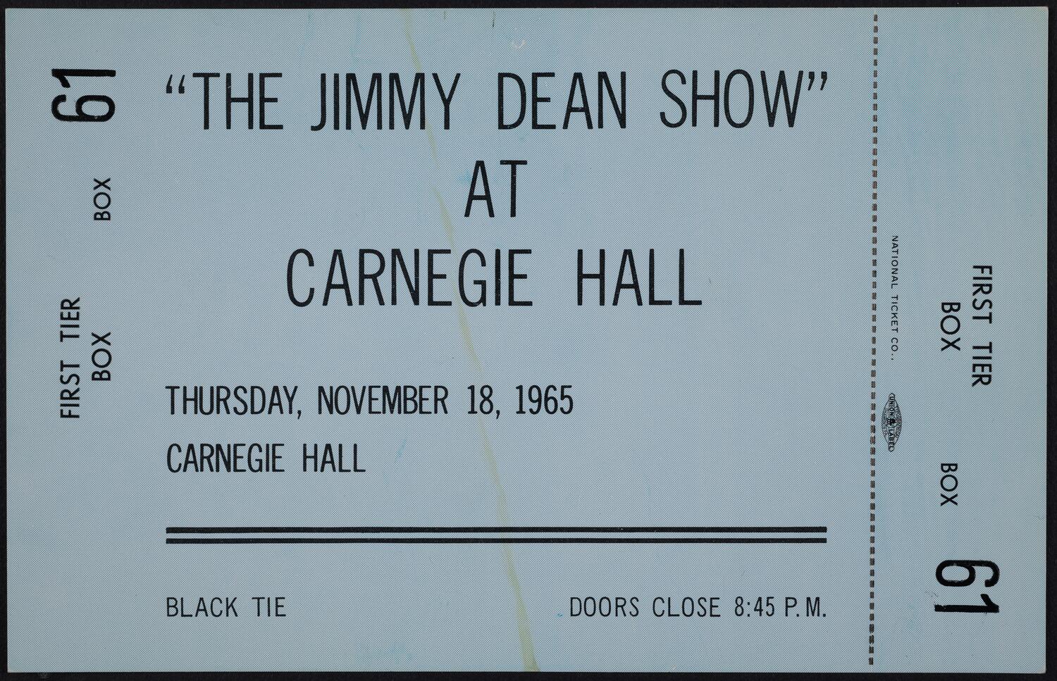 Ticket for The Jimmy Dean Show at Carnegie Hall, November 18, 1965 (front)