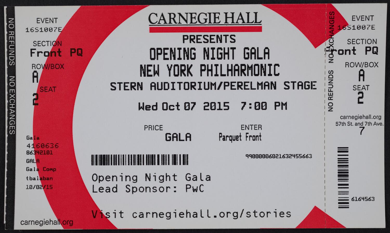 Ticket for Opening Night Gala: New York Philharmonic, October 7, 2015 (front)