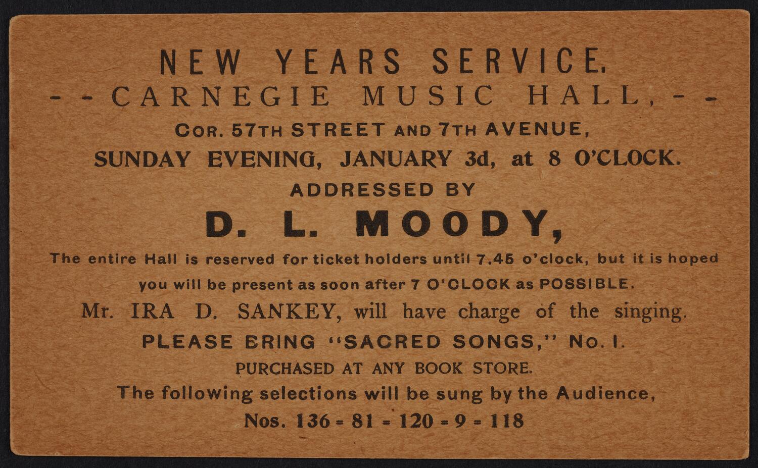 Ticket for Dwight L. Moody, January 3, 1897 (front)