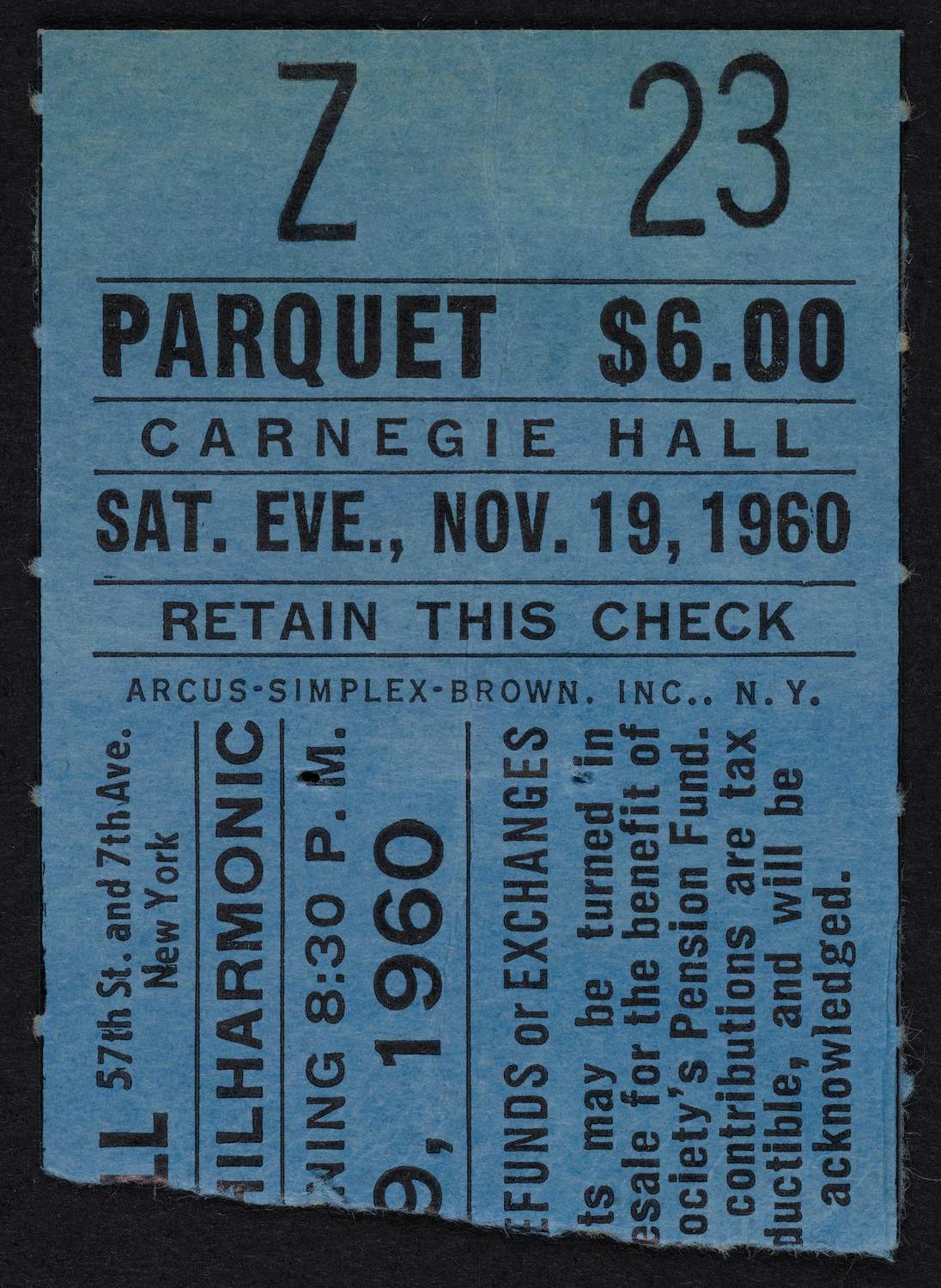 Ticket for New York Philharmonic, November 19, 1960 (front)