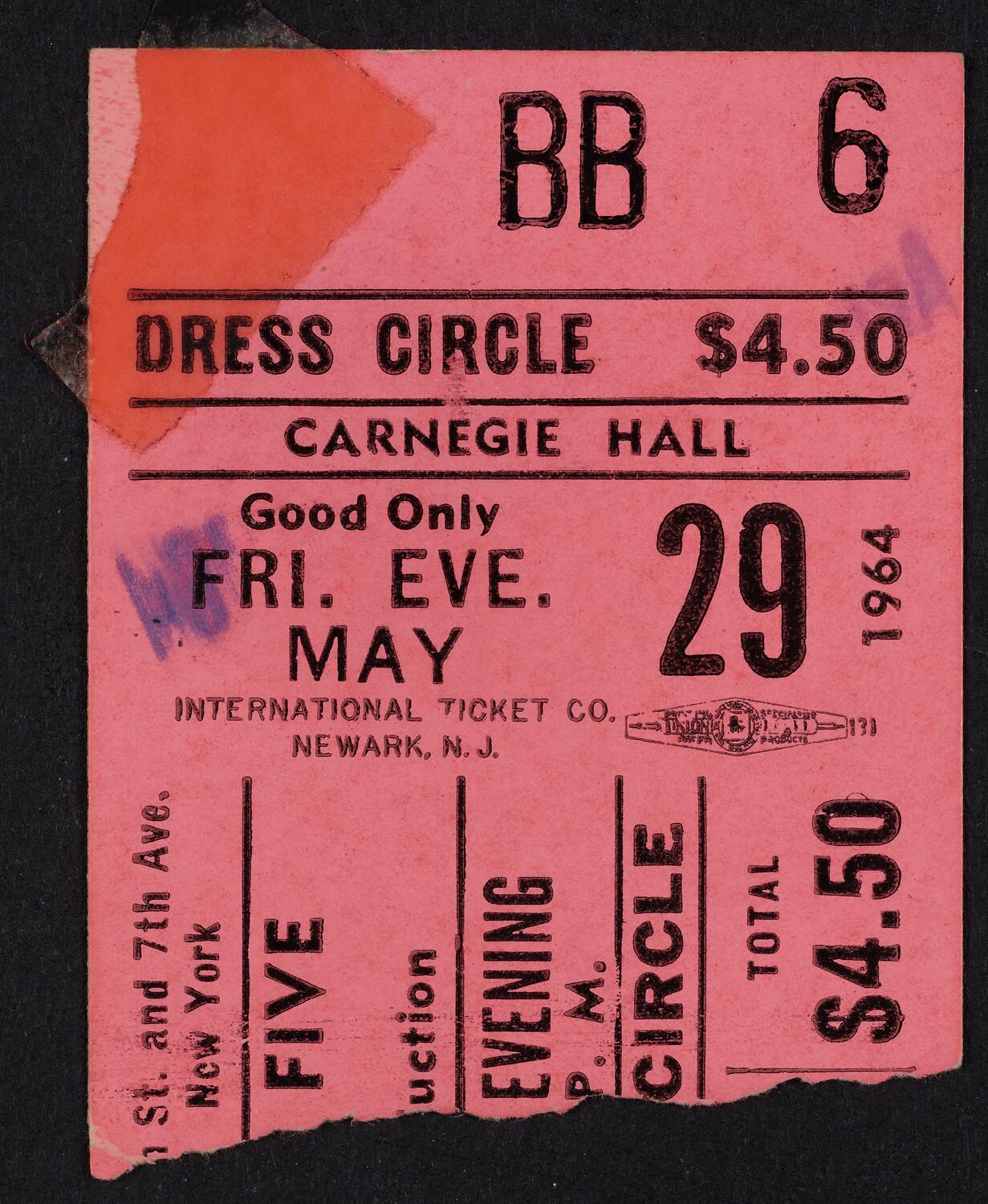 Ticket for Dave Clark Five, May 29, 1964 (front)