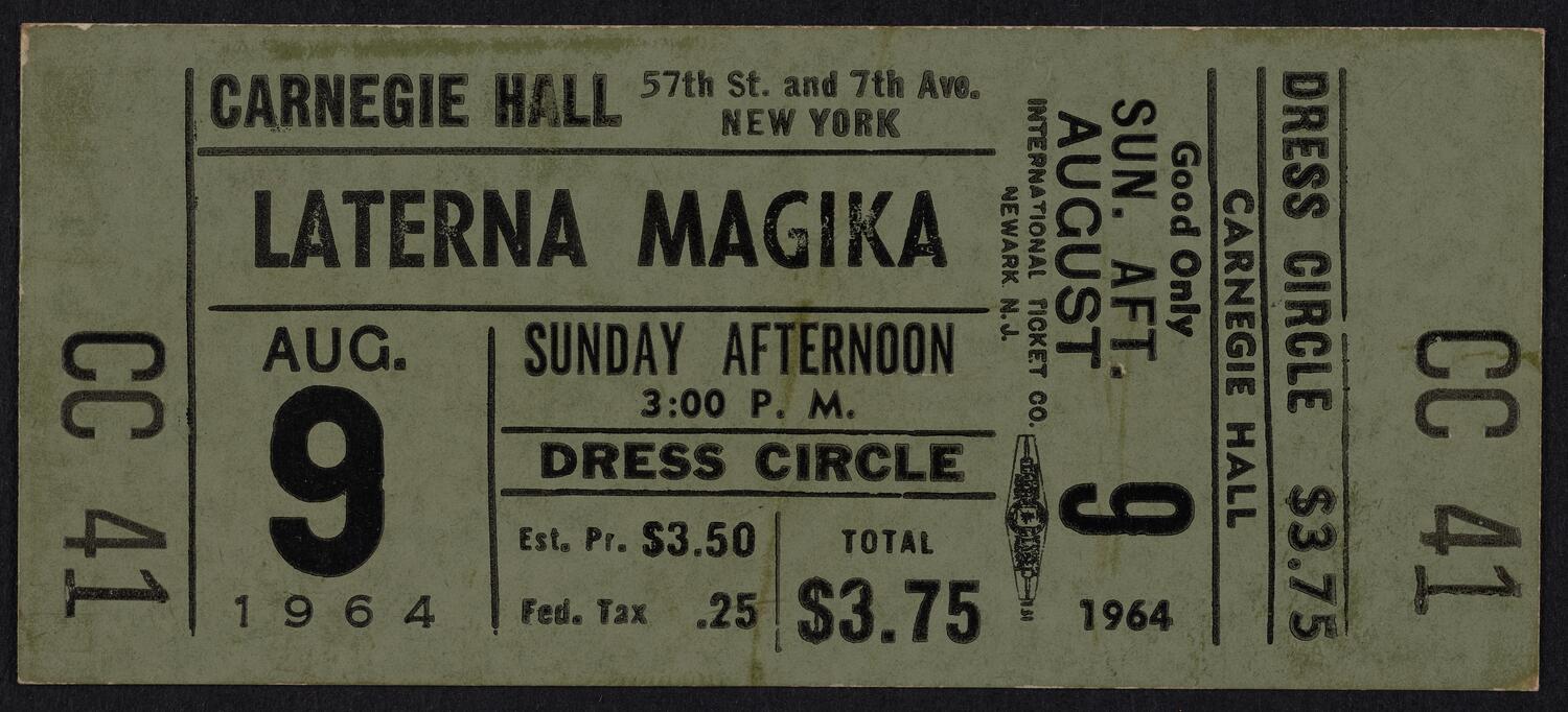 Ticket for Laterna Magika, August 9, 1964 (front)