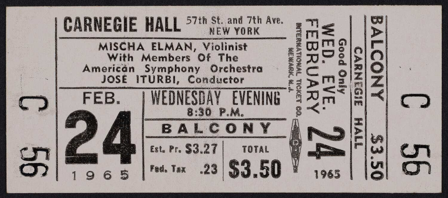 Ticket for Mischa Elman with members of the American Symphony Orchestra, February 24, 1965 (front)