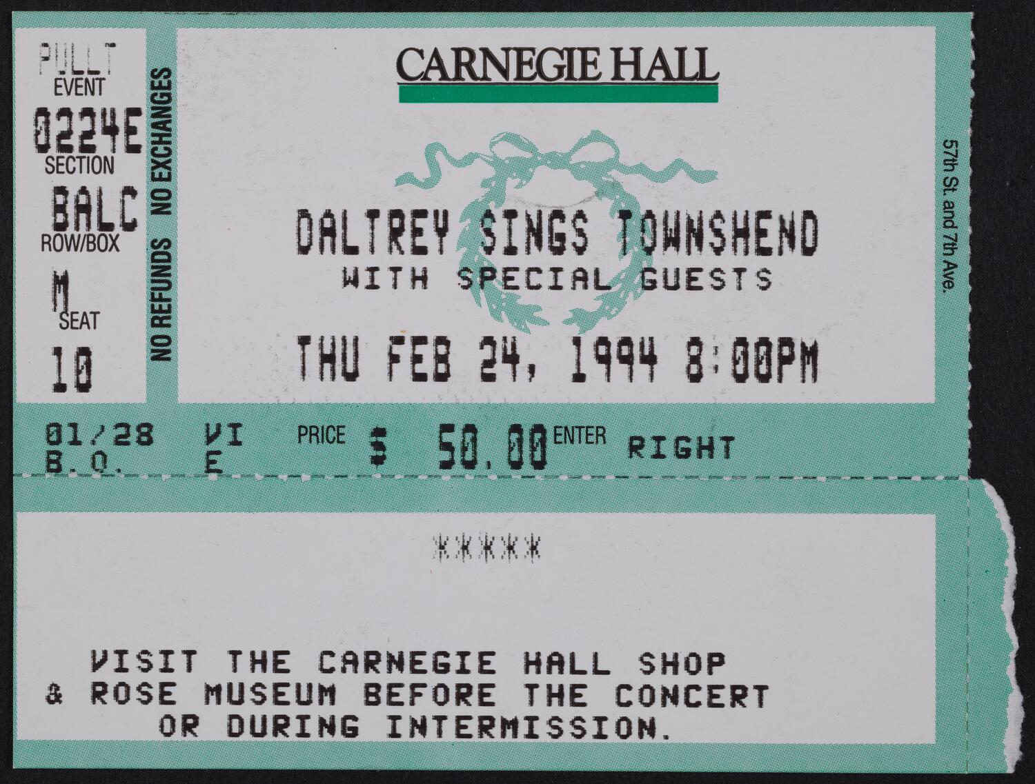 Ticket for Daltrey Sings Townsend, February 23, 1994 (front)