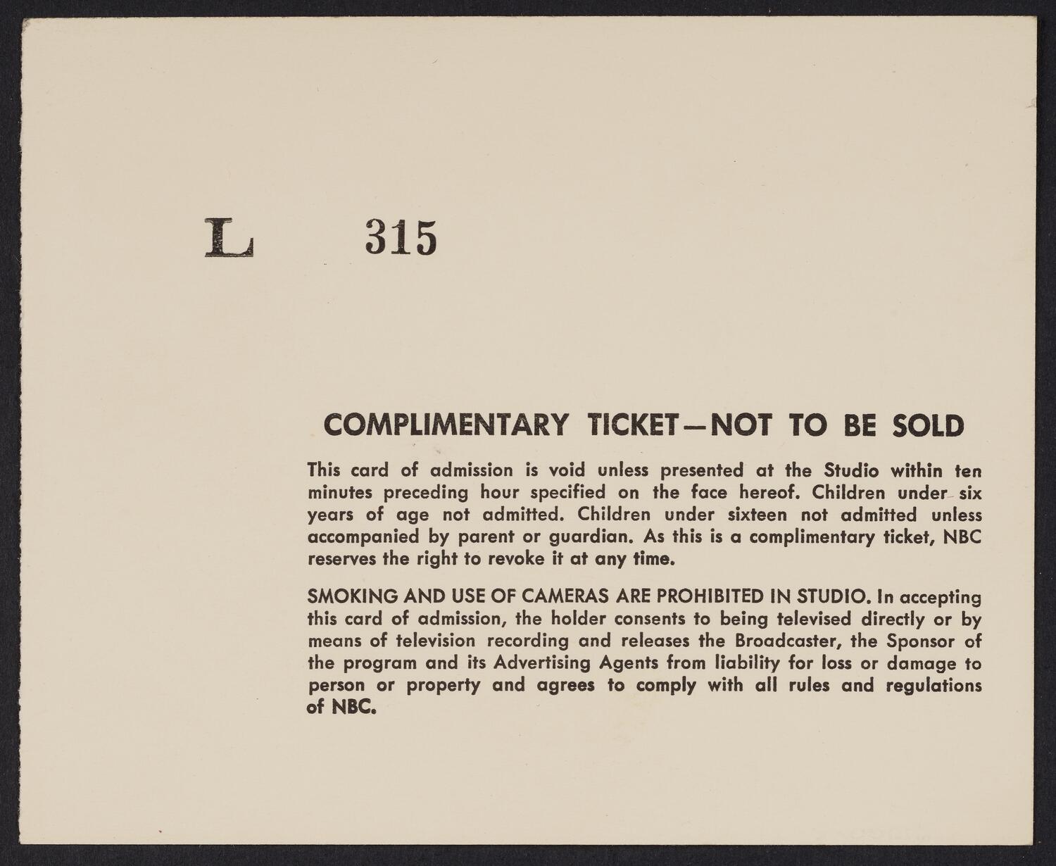 Ticket for NBC Symphony Orchestra, December 27, 1952 (back)
