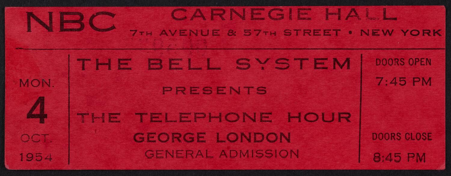 Ticket for Bell Telephone Hour, October 4, 1954 (front)