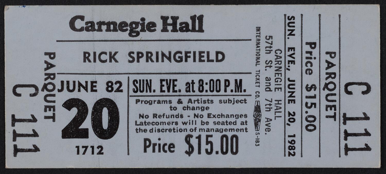 Ticket for Rick Springfield, June 20, 1982 (front)