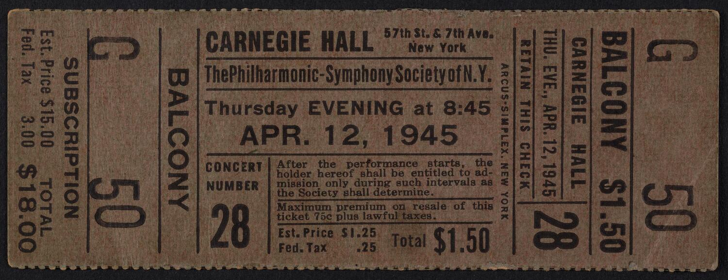 Ticket for the Philharmonic-Symphony Society of New York, April 12, 1945 (front)