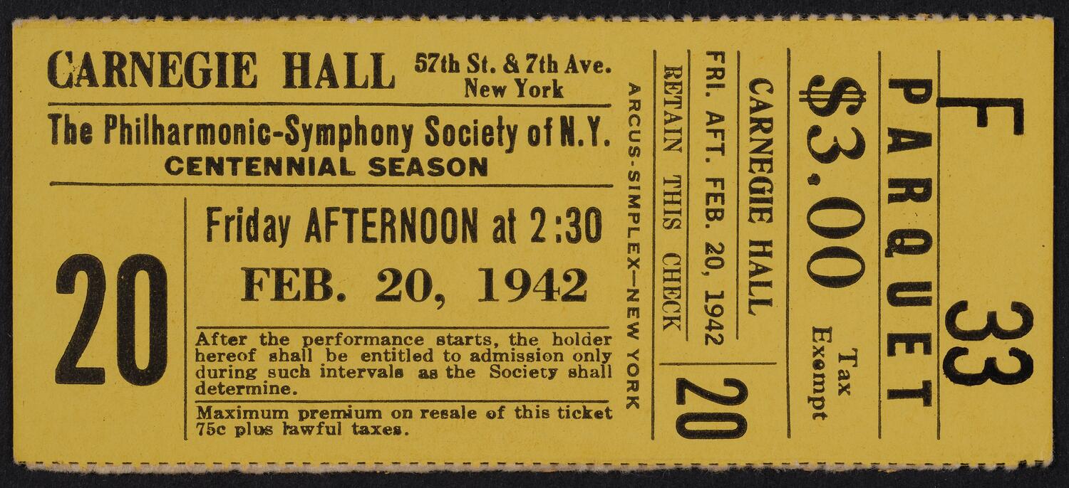 Ticket for the Philharmonic-Symphony Society of New York, February 20, 1942 (front)