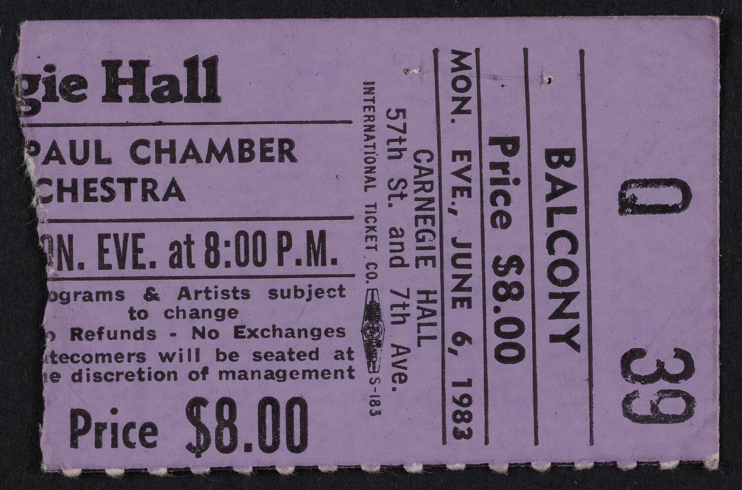 Ticket for Saint Paul Chamber Orchestra, June 6, 1983 (front)