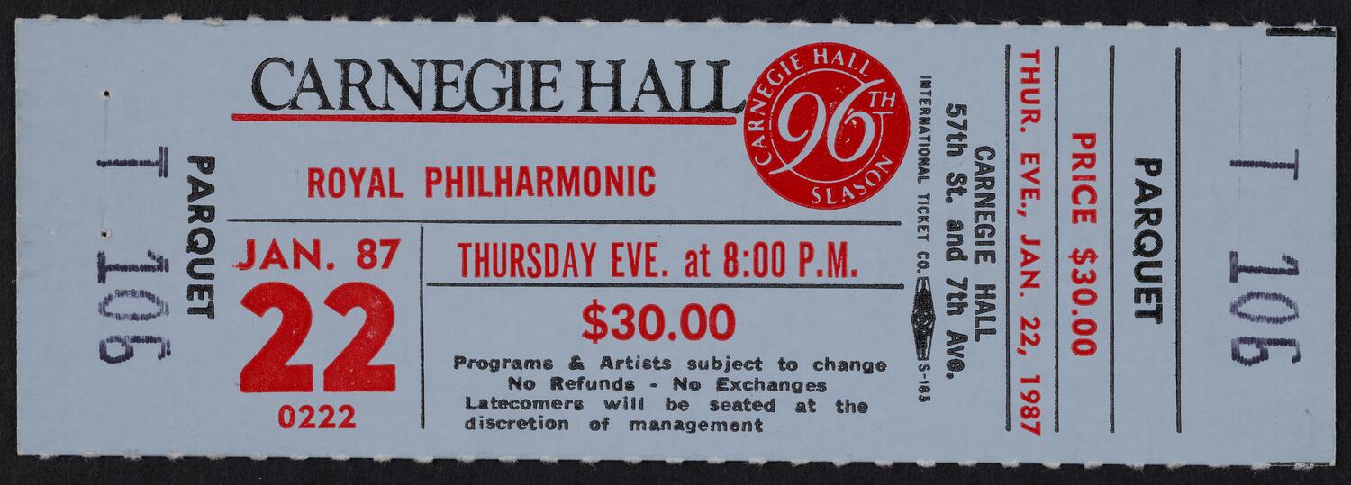 Ticket for Royal Philharmonic, January 22, 1987 (front)