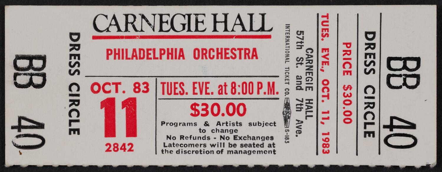 Ticket for Philadelphia Orchestra, October 11, 1983 (front)