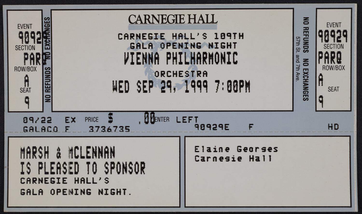 Ticket for Carnegie Hall's 109th Gala Opening Night: Vienna Philharmonic, September 29, 1999 (front)