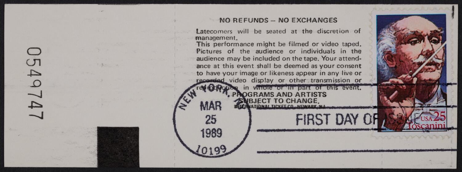Ticket for Toscanini Stamp Ceremony, March 25, 1989 (back)