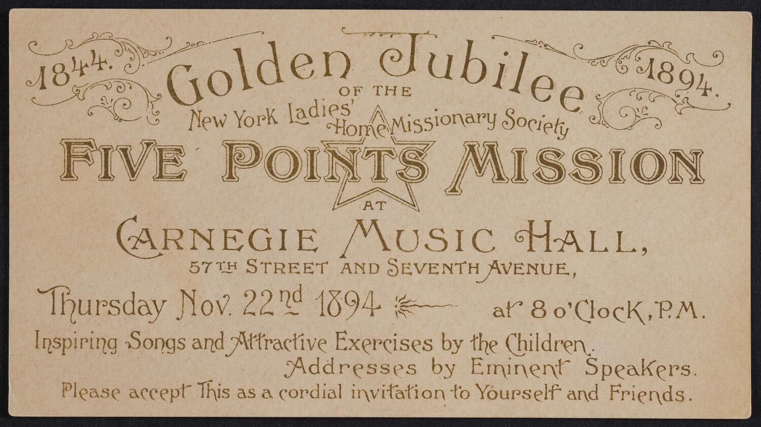 Ticket for Golden Jubilee Celebration of the Five Points Mission, November 22, 1894 (front)