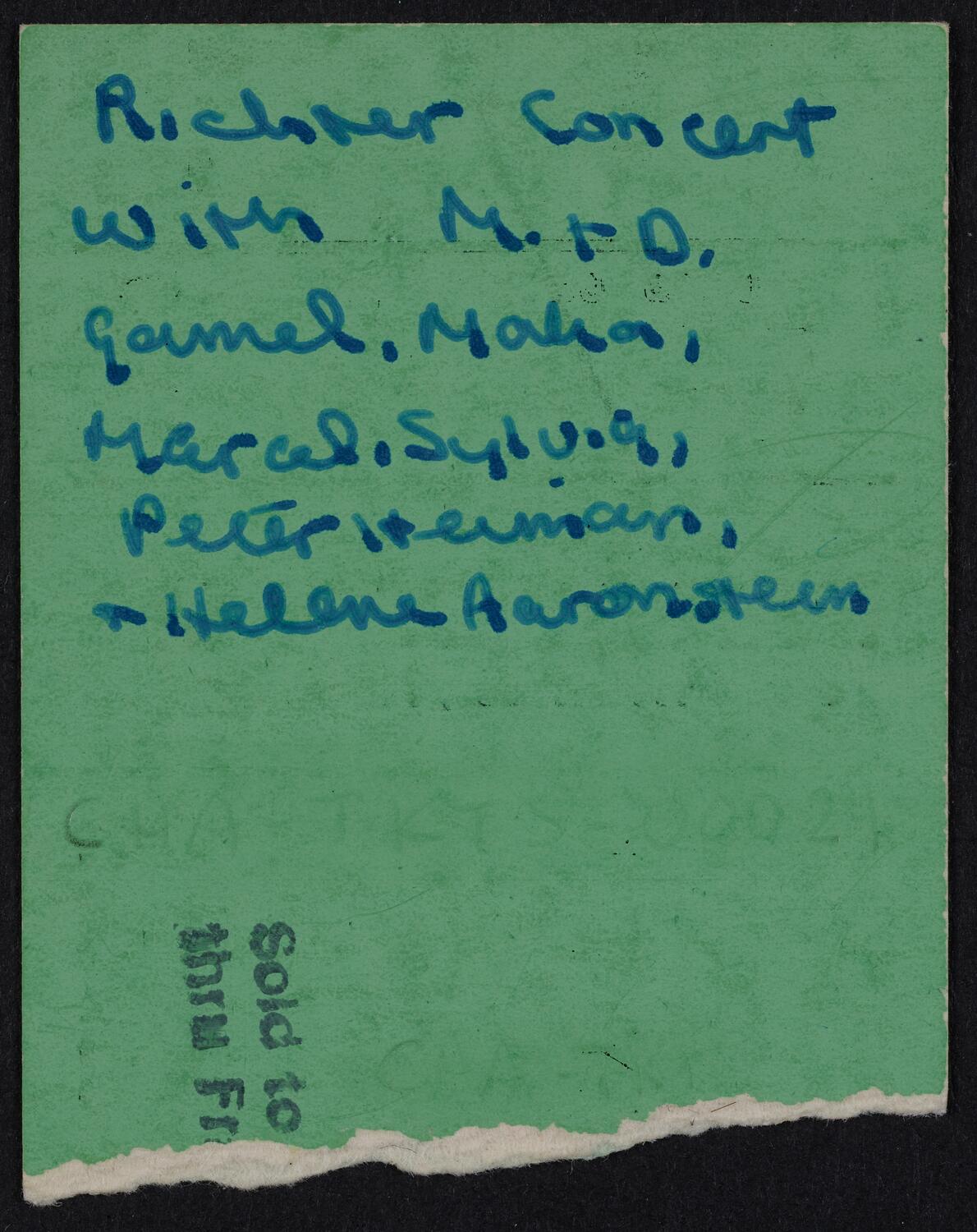 Ticket for Sviatoslav Richter, October 28, 1960 (back)