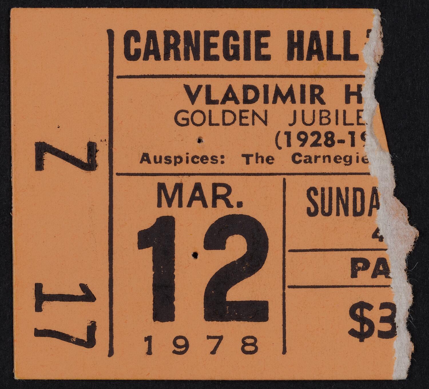 Ticket for Vladimir Horowitz, March 12, 1978 (front)