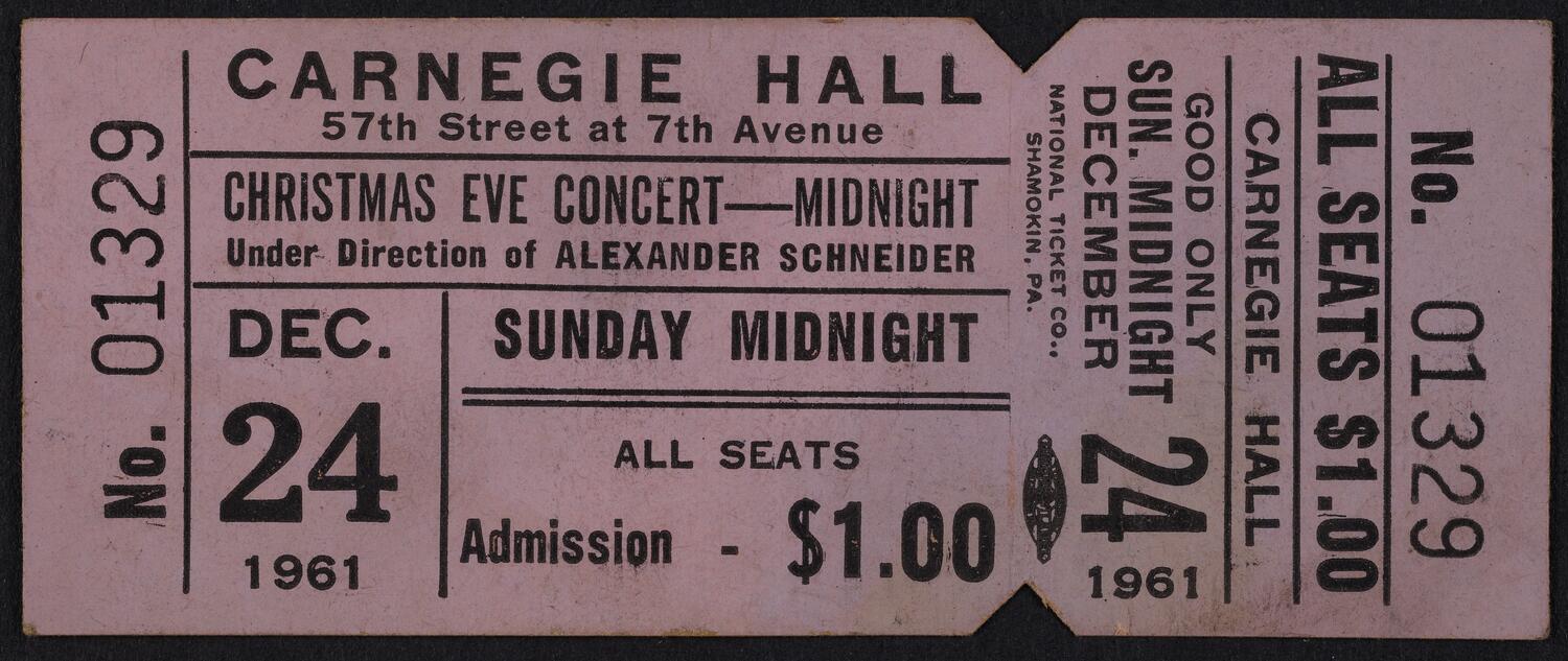 Ticket for Christmas Eve Concert, December 24, 1961 (front)