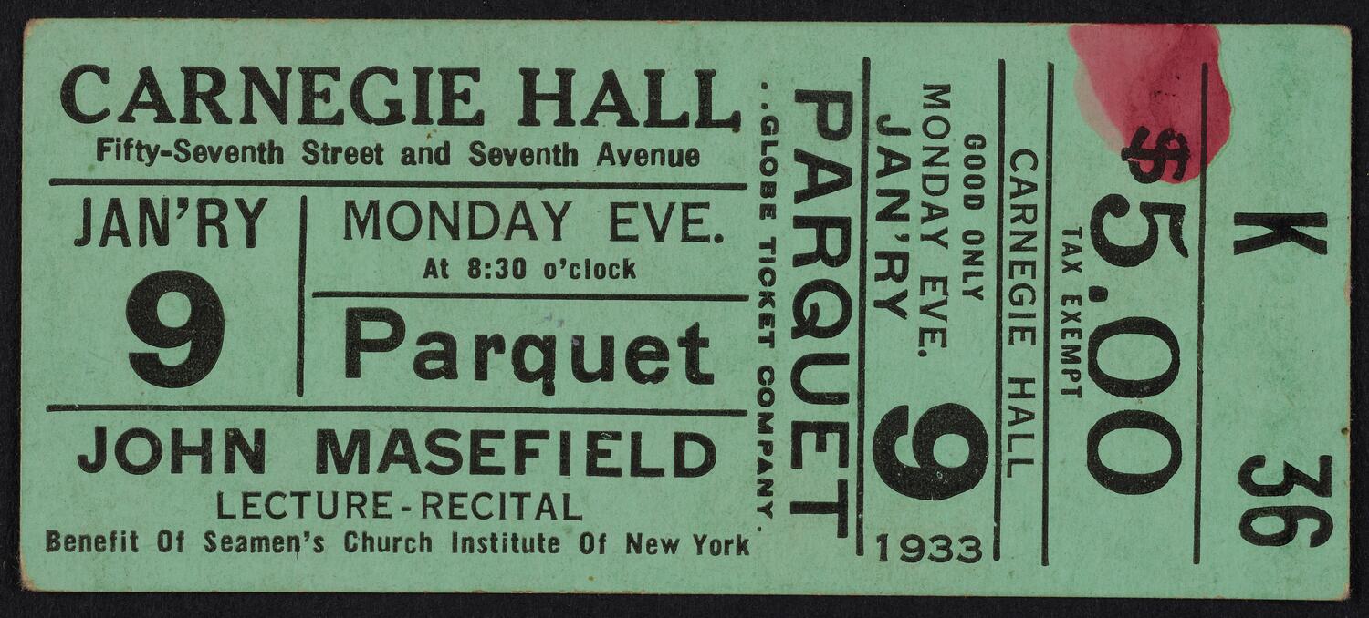 Ticket for John Masefield, January 9, 1933 (front)