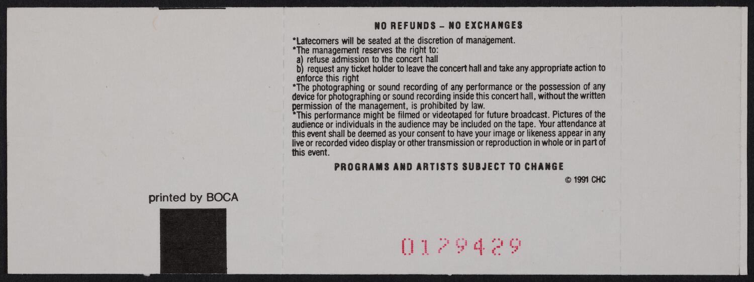Ticket for Sondheim: A Celebration at Carnegie Hall, June 10, 1992 (back)