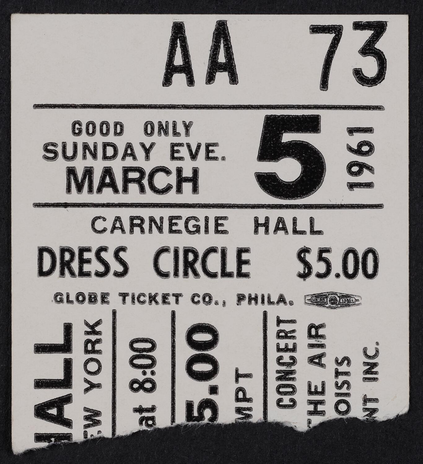 Ticket for Dimitri Mitropolous Memorial Concert, March 5, 1961 (front)
