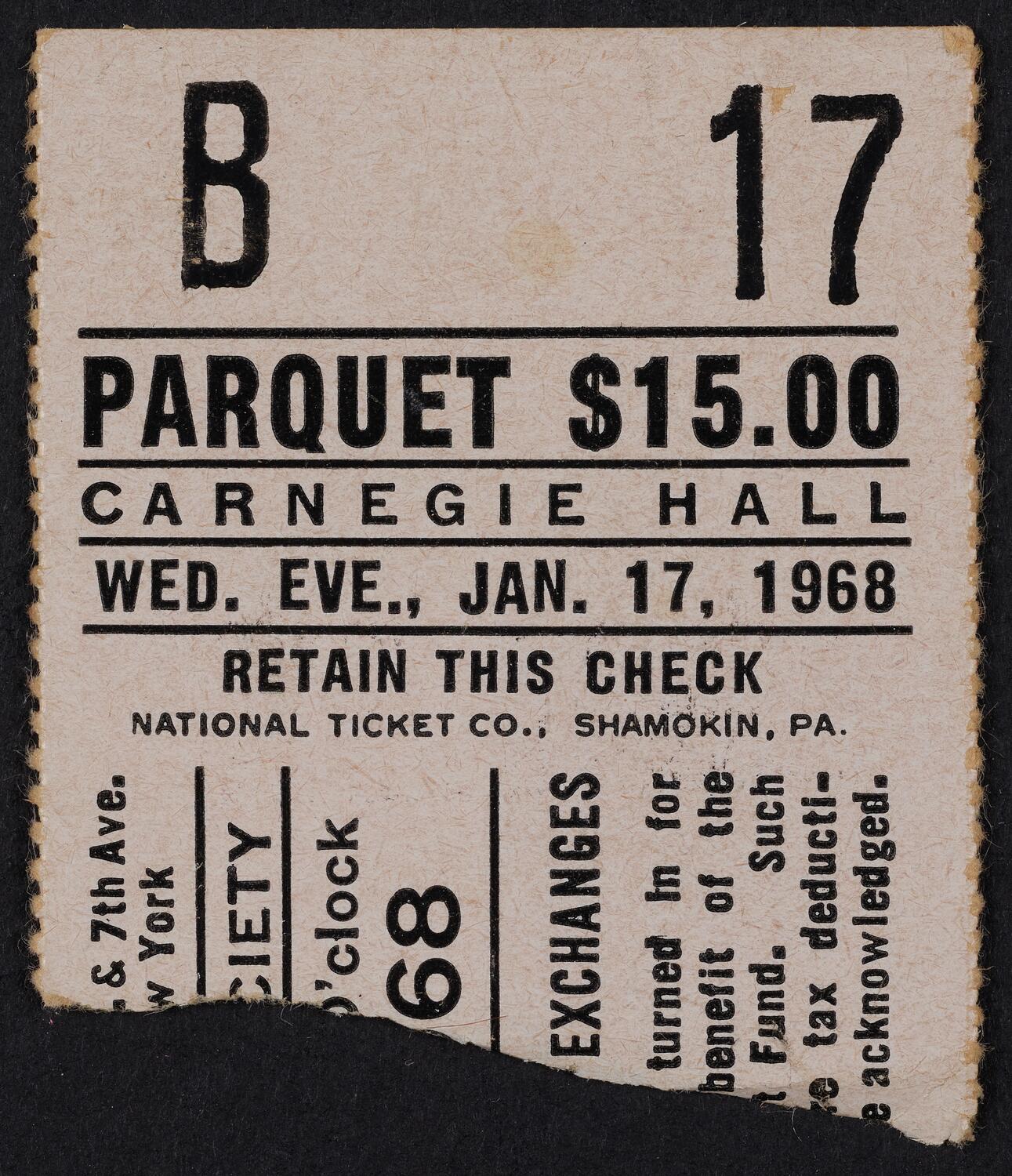 Ticket for American Opera Society, January 17, 1968 (front)