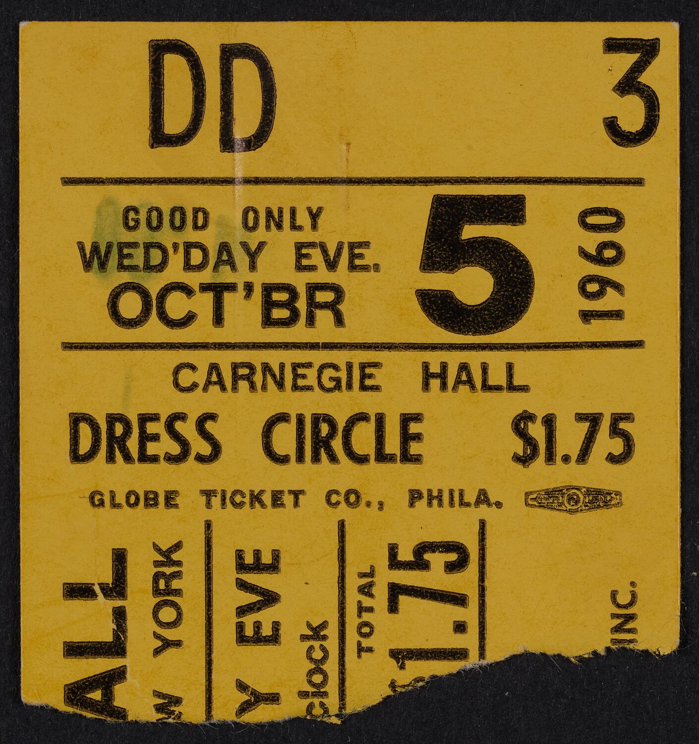 Ticket for Ray Lev, October 5, 1960 (front)