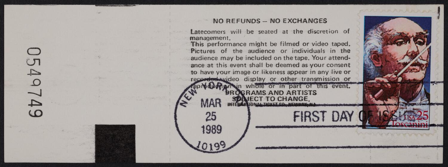 Ticket for Toscanini Stamp Ceremony, March 25, 1989 (back)