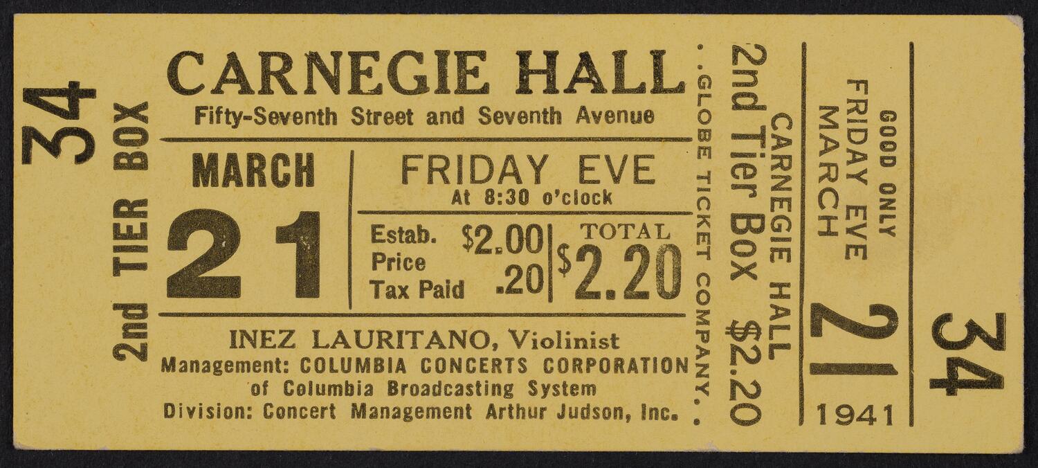 Ticket for Inez Lauritano, March 21, 1941 (front)