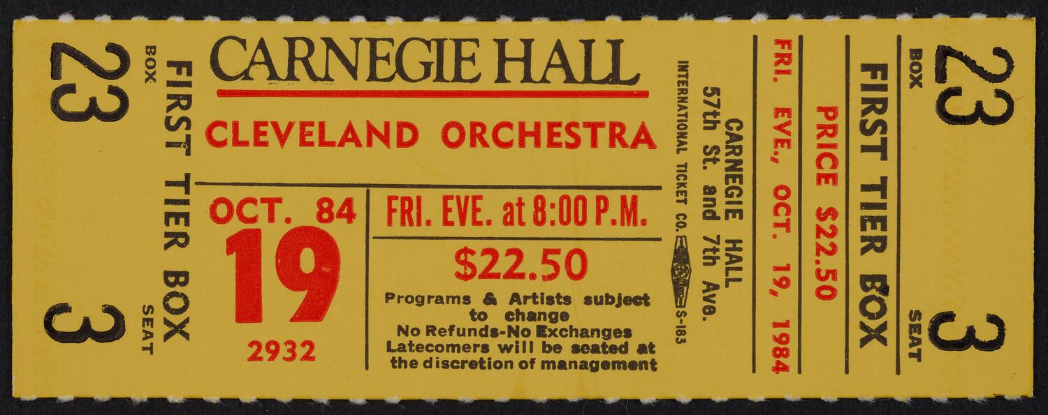 Ticket for the Cleveland Orchestra, October 19, 1984 (front)