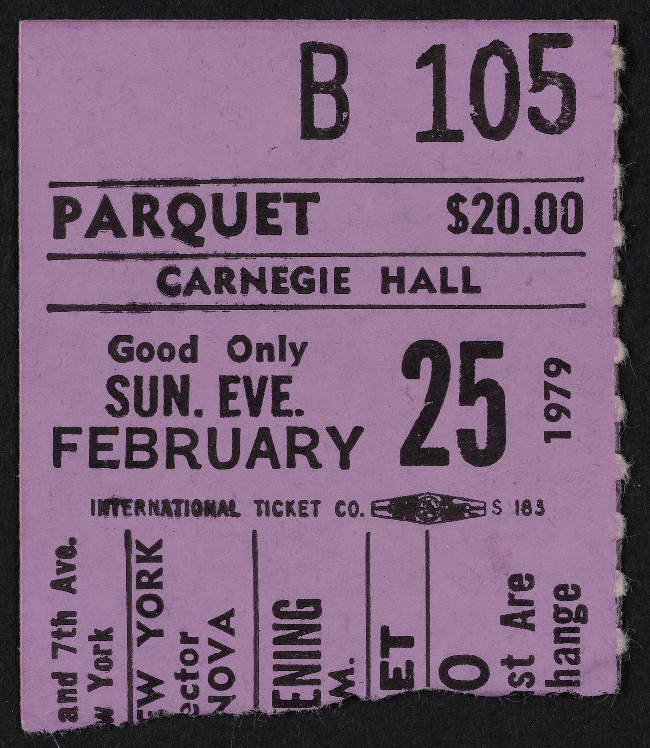 Ticket for Opera Orchestra of New York, February 25, 1979 (front)