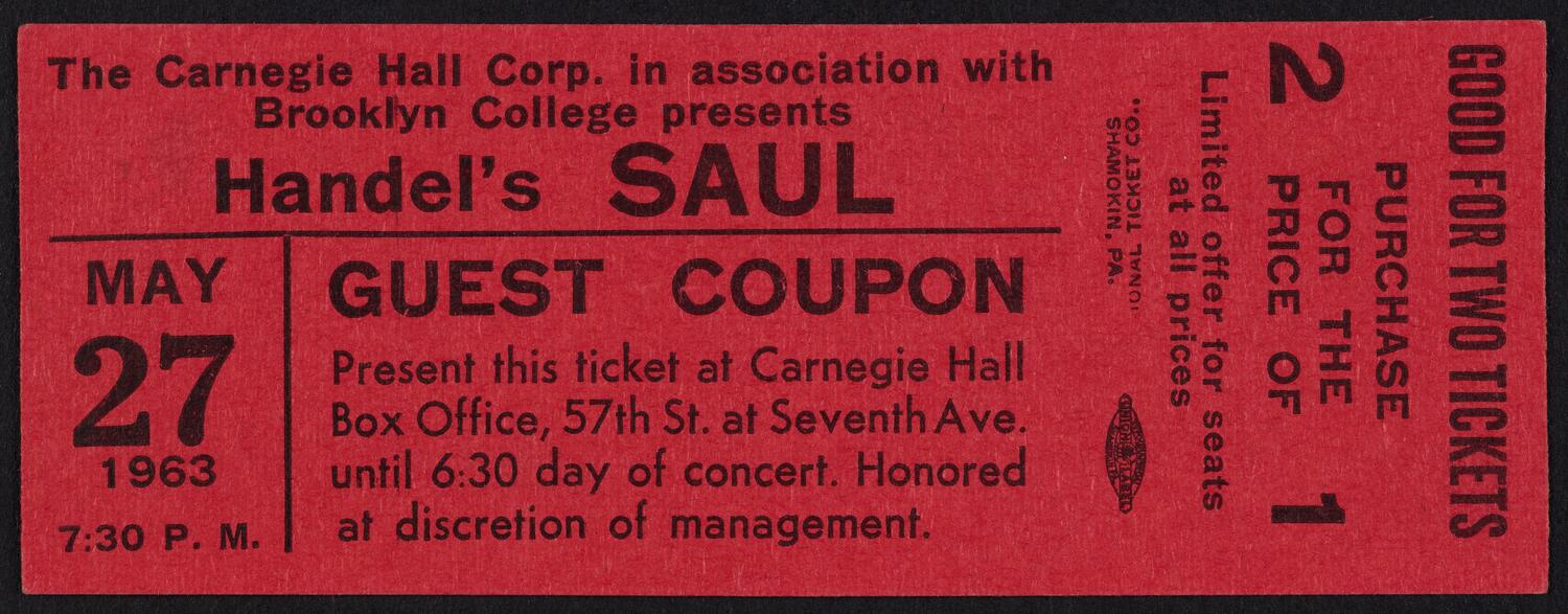 Ticket for Handel's Saul, May 27, 1963 (front)