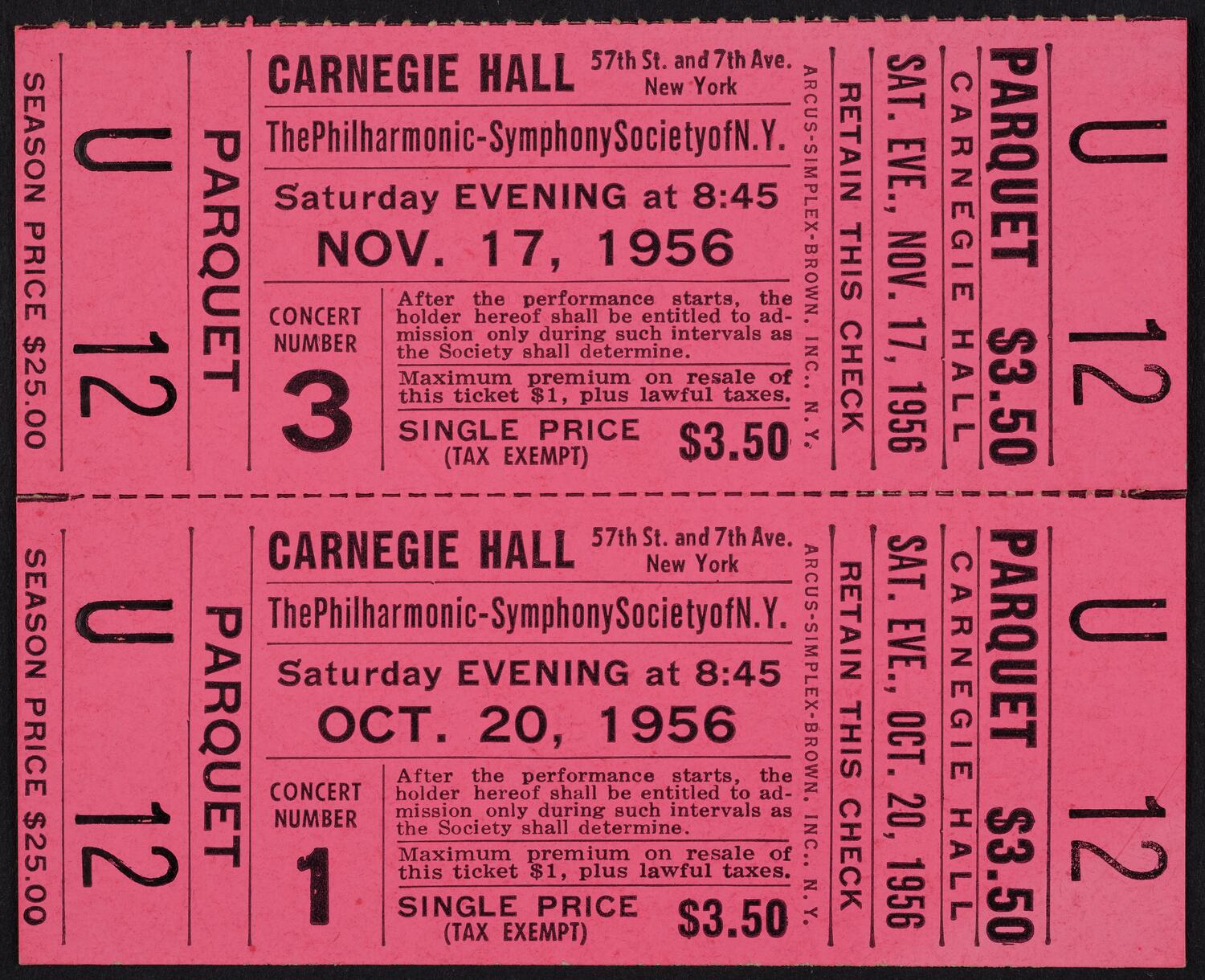 Tickets for Philharmonic-Symphony Society of New York, October 20, 1956 and November 17, 1956 (front)