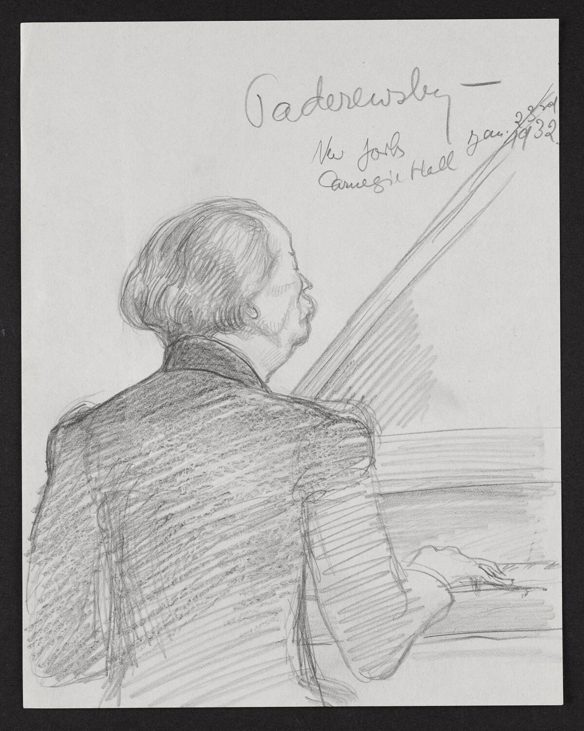 Sketch of Ignacy Jan Paderewski playing the piano with back to the viewer