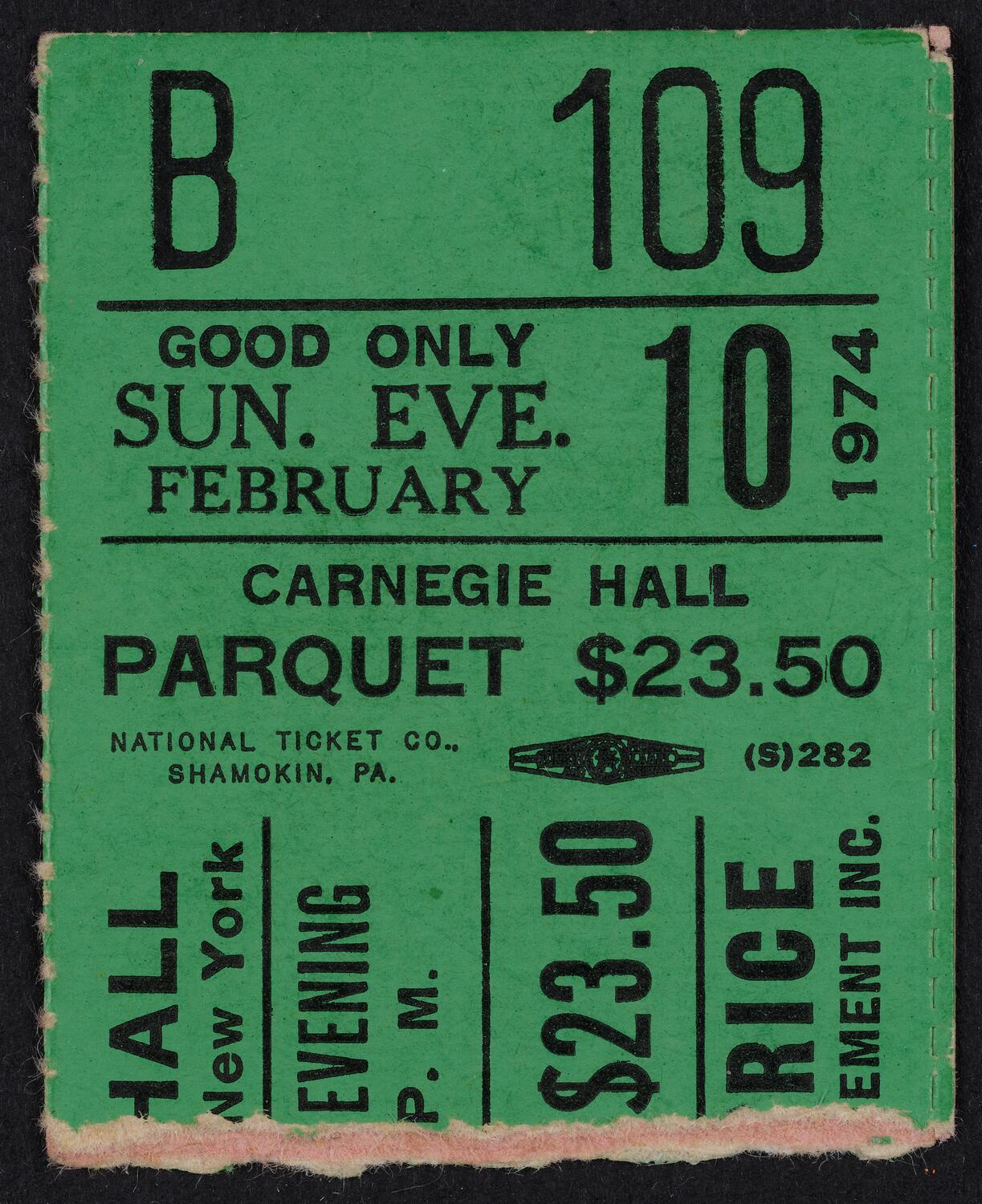 Ticket for Leontyne Price, February 10, 1974 (front)
